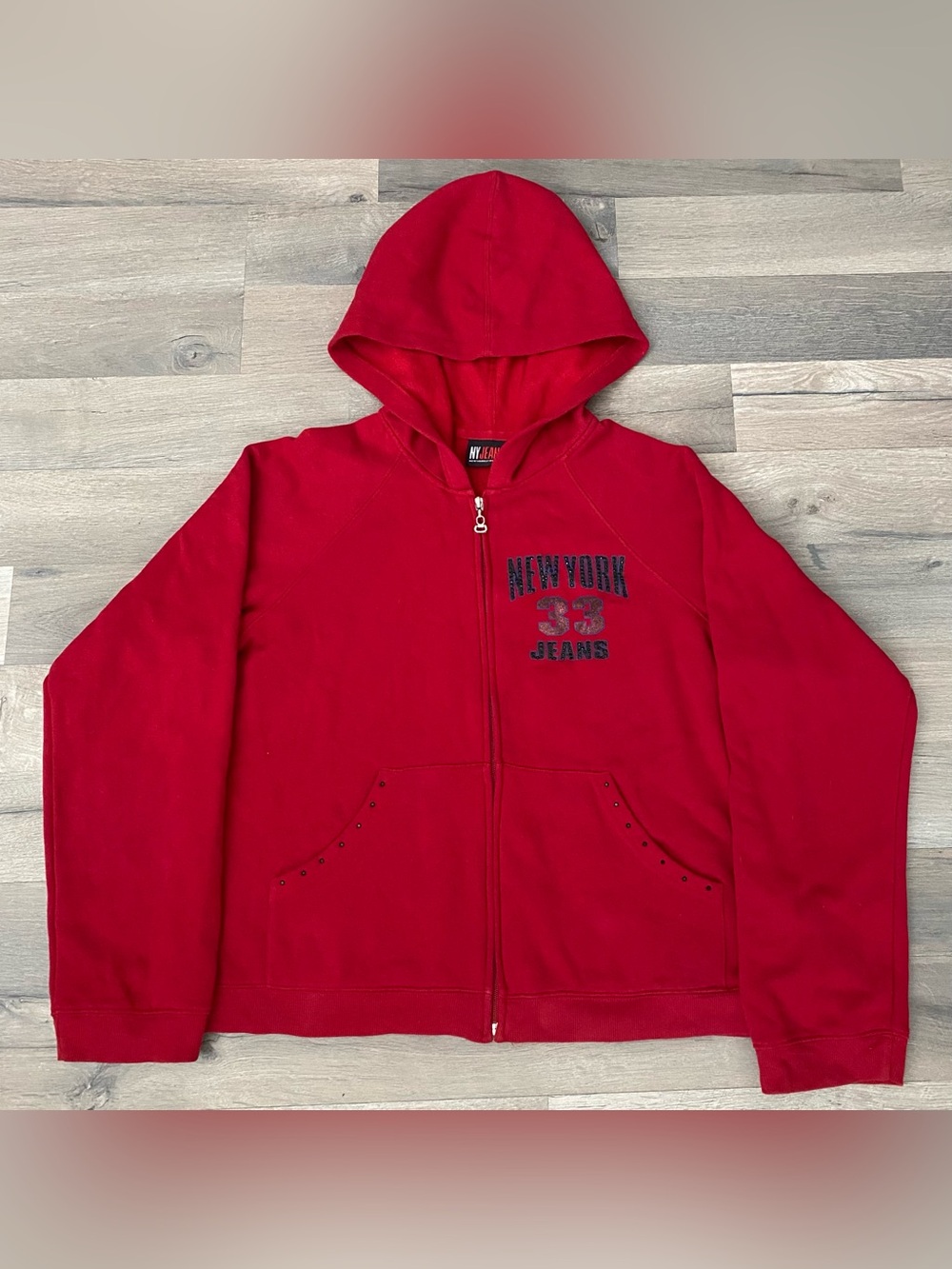 Y2K New York Jeans 33 Red Rhinestone Zip Hoodie Size L